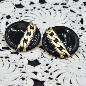 Vintage Retro Earrings Black Gold Enamel Chain Look 80's